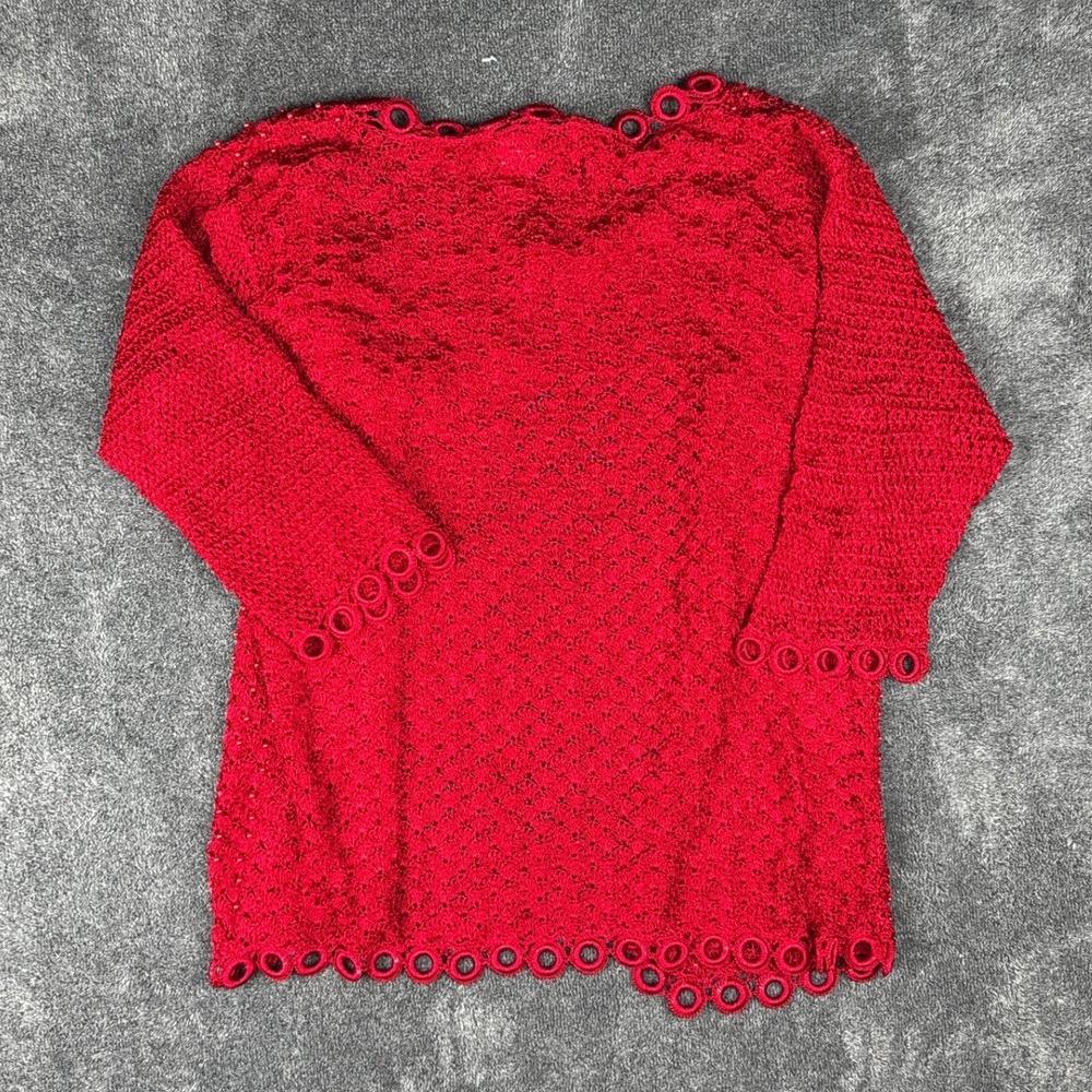 Red Beaded Crochet Cardigan Open Knit Ring Trim 3/4 Sleeve RN 80483 Medium - Picture 4 of 7